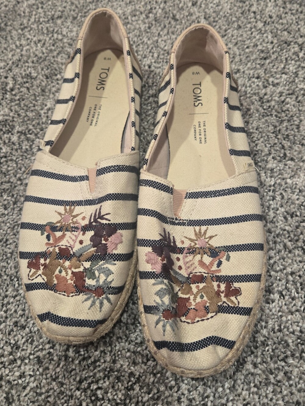 TOMS Women's size 8 Striped Espadrille Flats with Floral Embroidery